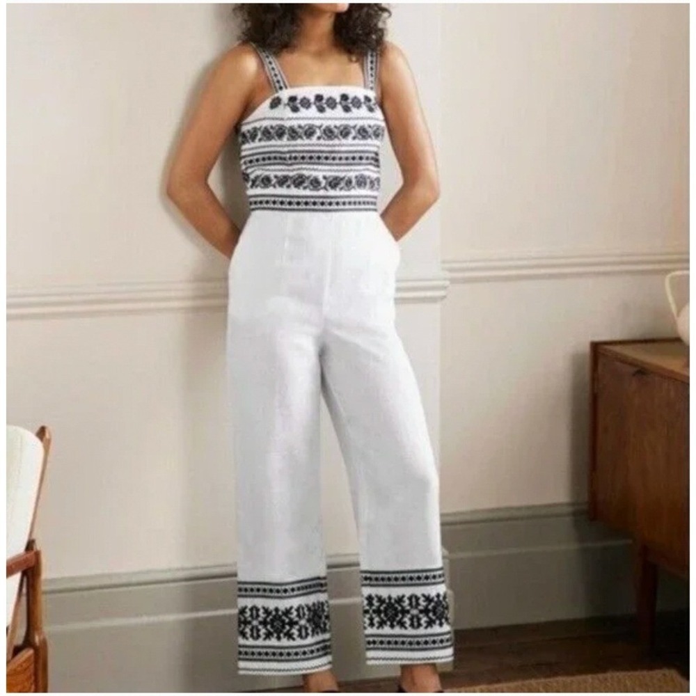 Boden White Embroidered Linen Wide Leg Jumpsuit Boho Resort NWT 16-18R